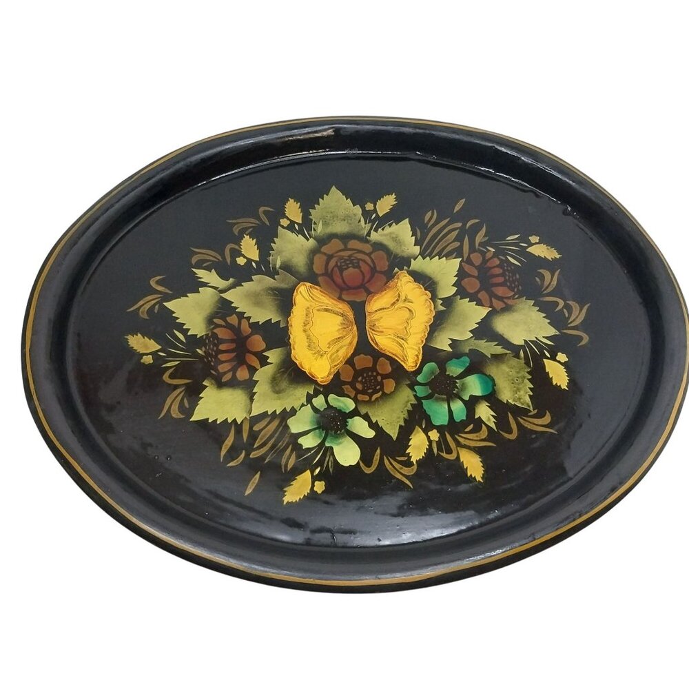 Vintage Metal Toleware Tray Fruit & Leaf Black Gold Mid-Vintage Hand-Painted